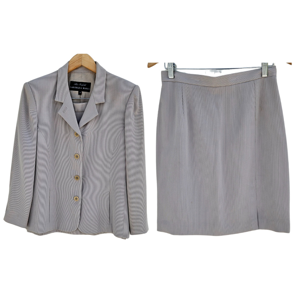VTG Alex Garfield & Marks Womens‎ Rib Jacket Skirt Suit 6 Taupe Blazer Set 90s